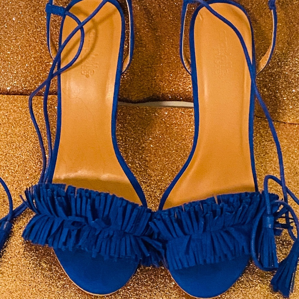 Fringe, ankle tie blue suede shoes.